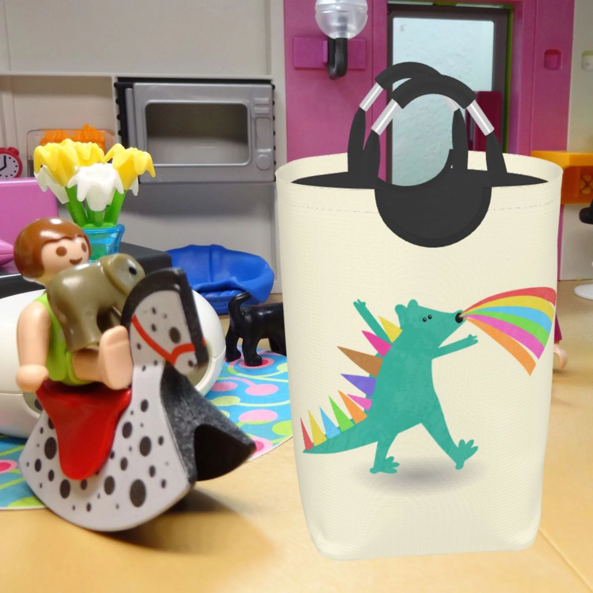 TEQUAN 50L Large Rectangular Laundry Hamper with Aluminum Handles, Funny Beast Dinosaur Prints Waterproof Foldable Dirty Clothes Basket