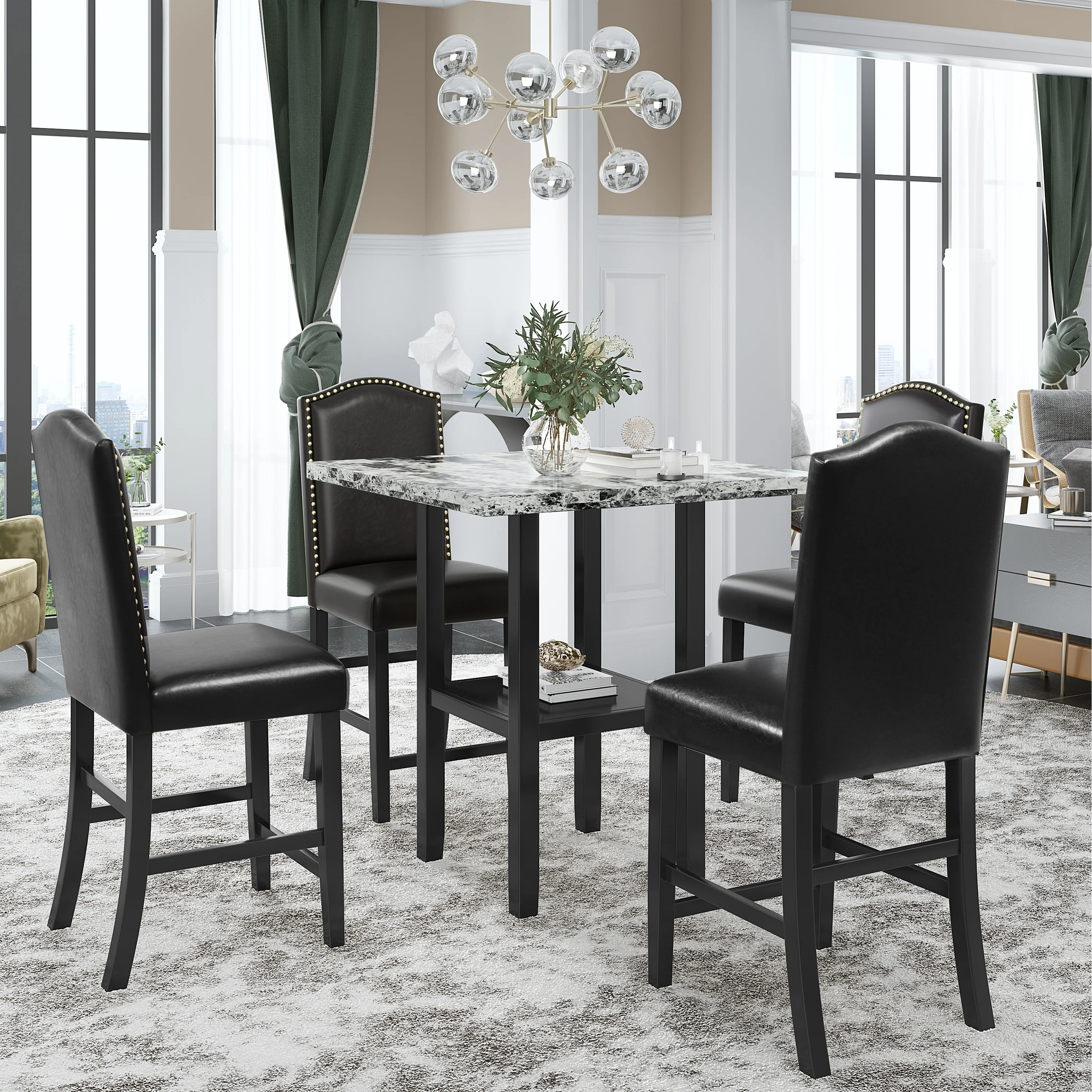 Modern 5-Piece Dining Set - Sturdy MDF Table, PU Leather Chairs, Space-Saving Design, Gray Faux Marble Veneer Gray