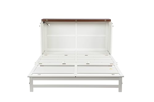 Queen Size Murphy Bed with Large Storage Drawer for Guest Room Home Office, Wood Platform Bed Frame w/USB Ports & Charging Station,White