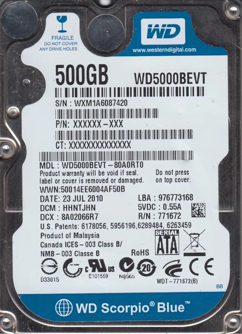 WD5000BEVT-80A0RT0, DCM HHNTJHN, Western Digital 500GB SATA 2.5 Hard Drive