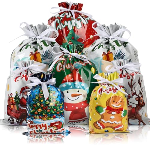 AURUZA 20PCS Christmas Drawstring Gift Bags - Assorted Sizes from Small to Jumbo, with Colorful Designs & Tags, Ideal for Holiday Wrapping & Decorations Party Favors