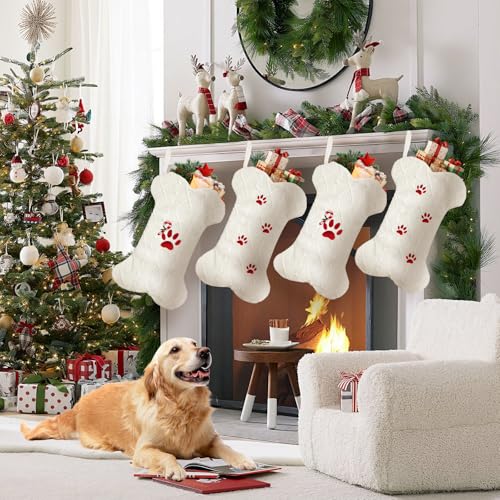 Dog Christmas Stocking, 18’’ Knit White Stockings with Paw-Print Embroidery for Dogs and Cats, Large Bone-Shaped Stockings for Pet Christmas Decor