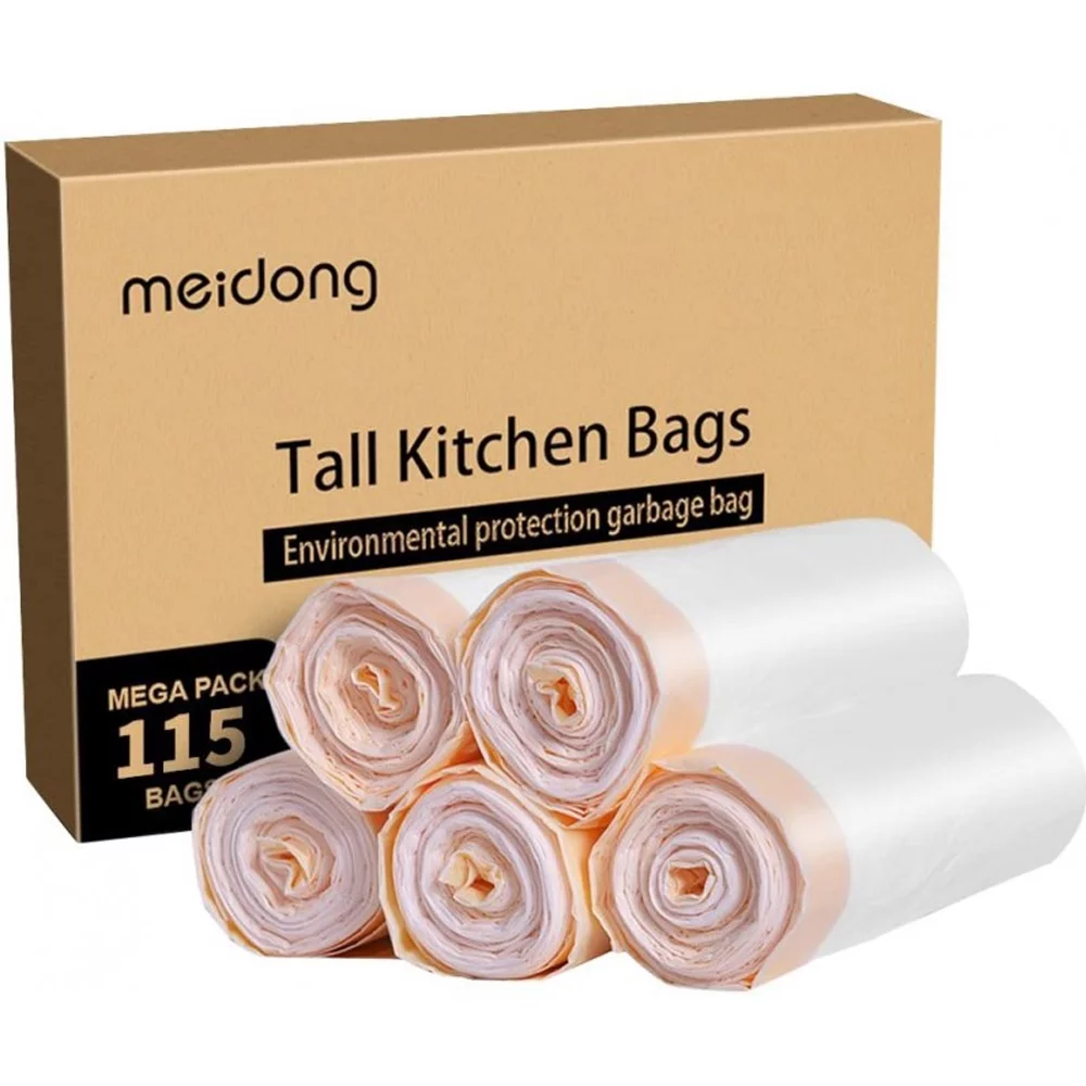 Trash Bags, Meidong Garbage Bag 13 Gallon Large Kitchen Drawstring Strong Bag, 5 Rolls/115 Pcs, White