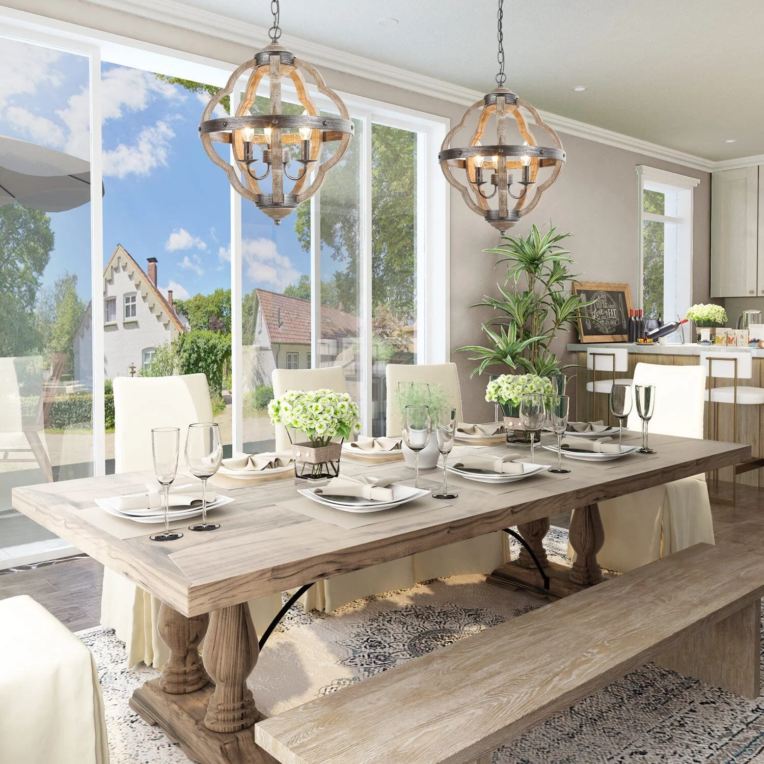 LNC Farmhouse 3-Light Wood Lantern Chandelier for Kitchen Island Dining Room W15