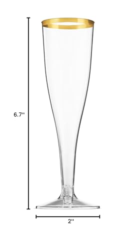 Munfix 50 Pack Gold Rimmed Plastic Champagne Flutes 5 Oz Clear Plastic Toasting Glasses Fancy Disposable Wedding Party Cocktail Cups with Gold Rim