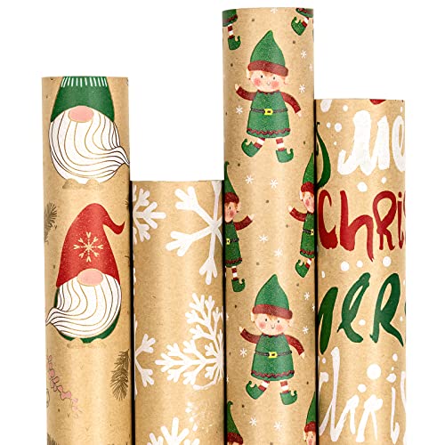 RUSPEPA Christmas Kraft Wrapping Paper - Owl, Reindeer, Christmas Ball and Text Design - 4 Rolls - 30 inches x 10 feet per Roll