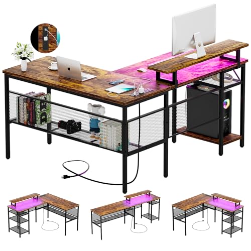 L Shaped Computer Desk with Magic Power Outlets and Smart LED Light, Reversible Office Corner Desk with Ergonomic Monitor Stand, Large Gaming Table with Storage, Sleek Grid Design, Black Oak