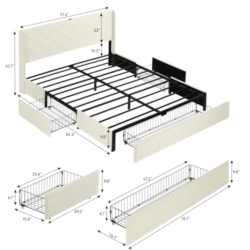 LUCKLIFE Upholstered Platform Bed Frame with USB and Type-C Ports, V-Shape Wingback Headboard, Side Drawers and Oversize Footboard Storage, No Box Spring Needed, Queen Size Modern Base,White