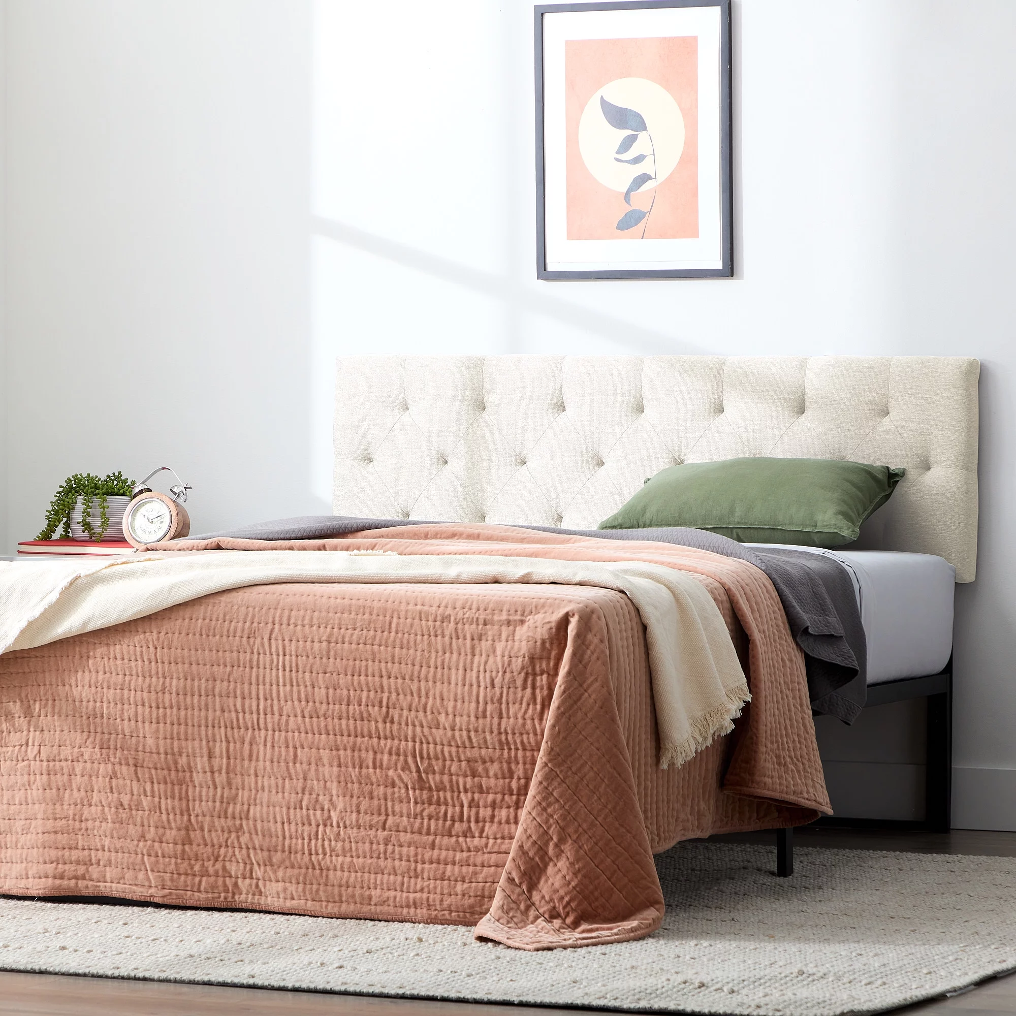 Rest Haven Eugene Diamond Tufted Upholstered Headboard, Full, Cream