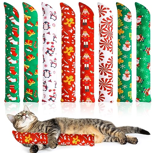 Liliful 8 Pack Christmas Catnip Toys Catnip Kicker Toys for Cats Resistant Cat Chew Toy Indoor Cats Fish Shape Interactive Soft Kitty Pillow Toy with Bell for Playing Teething Chewing