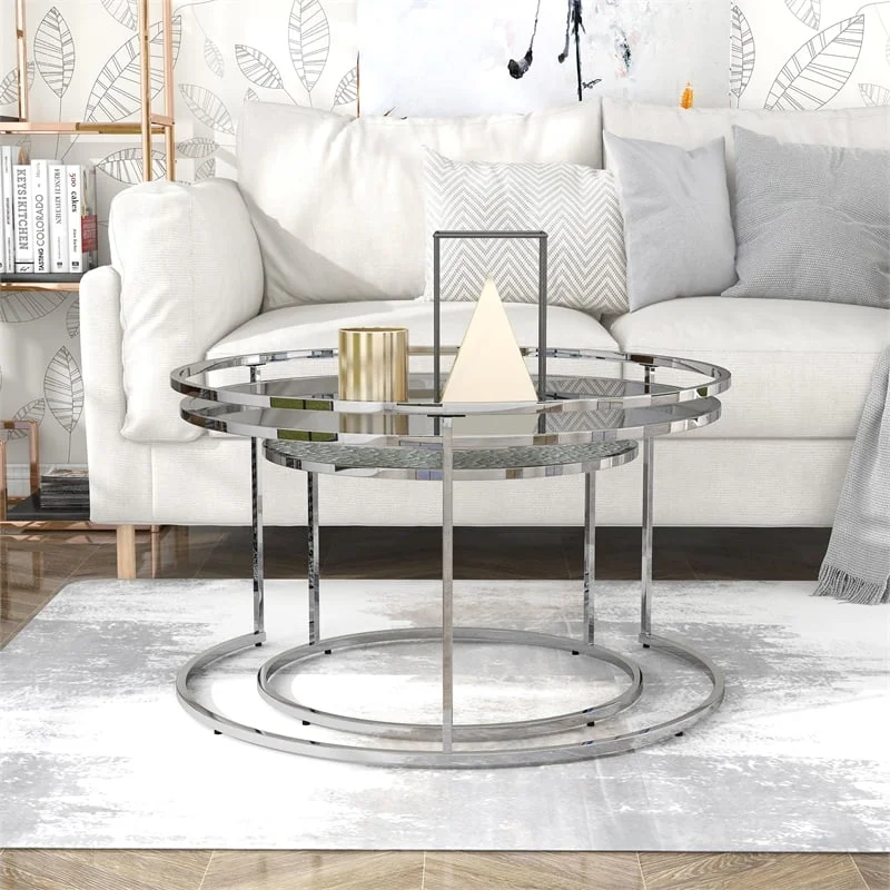Bowery Hill Metal Glass Top 2-Piece Nesting Tables Set in Gray