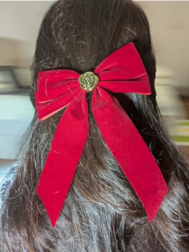 Large Velvet Hair Bow Clip with Metal Rose Accent, Pack of 2, Red