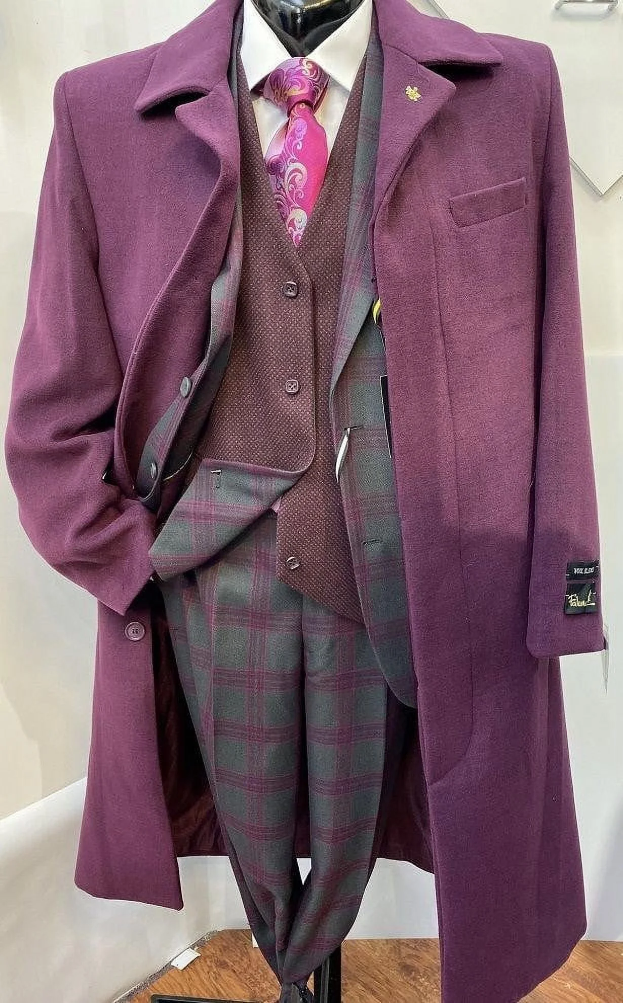 Falcone Men's Burgundy Full Length Belted Wool Topcoat Aero 4150-175 | Size 42