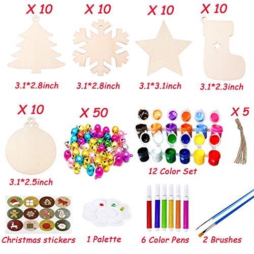 50Pcs Unfinished Wooden Christmas Ornaments 5 Styles Tree Ornaments Decorations - DIY Arts and Crafts Christmas Crafts for Kids with 50 Colorful Bells 6 Color Pens 2 Color Paint Set