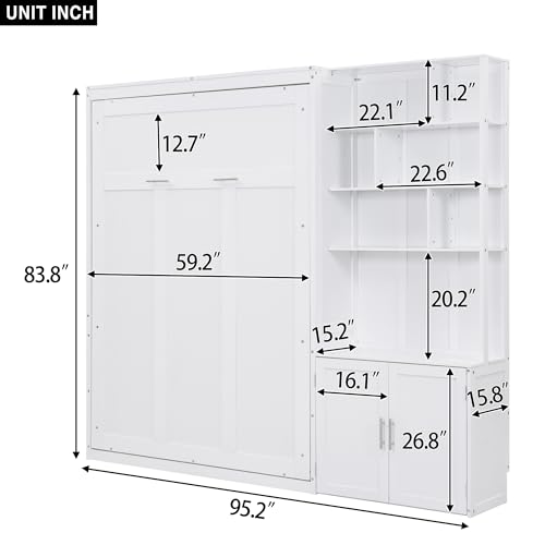 Merax Full Size Murphy Bed, White Wood Wall Bed Cabinet with Multiple Storage Shelves and a Cabinet, White