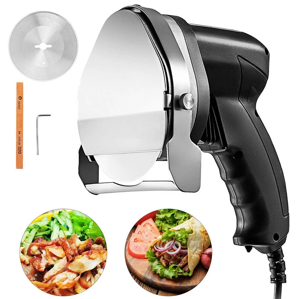 SKYSHALO 110V Electric Shawarma Knife 80W Professional Turkish Kebab Slicer Stainless Steel Commercial Gyro Cutter 2800 RPM With 2 Blades
