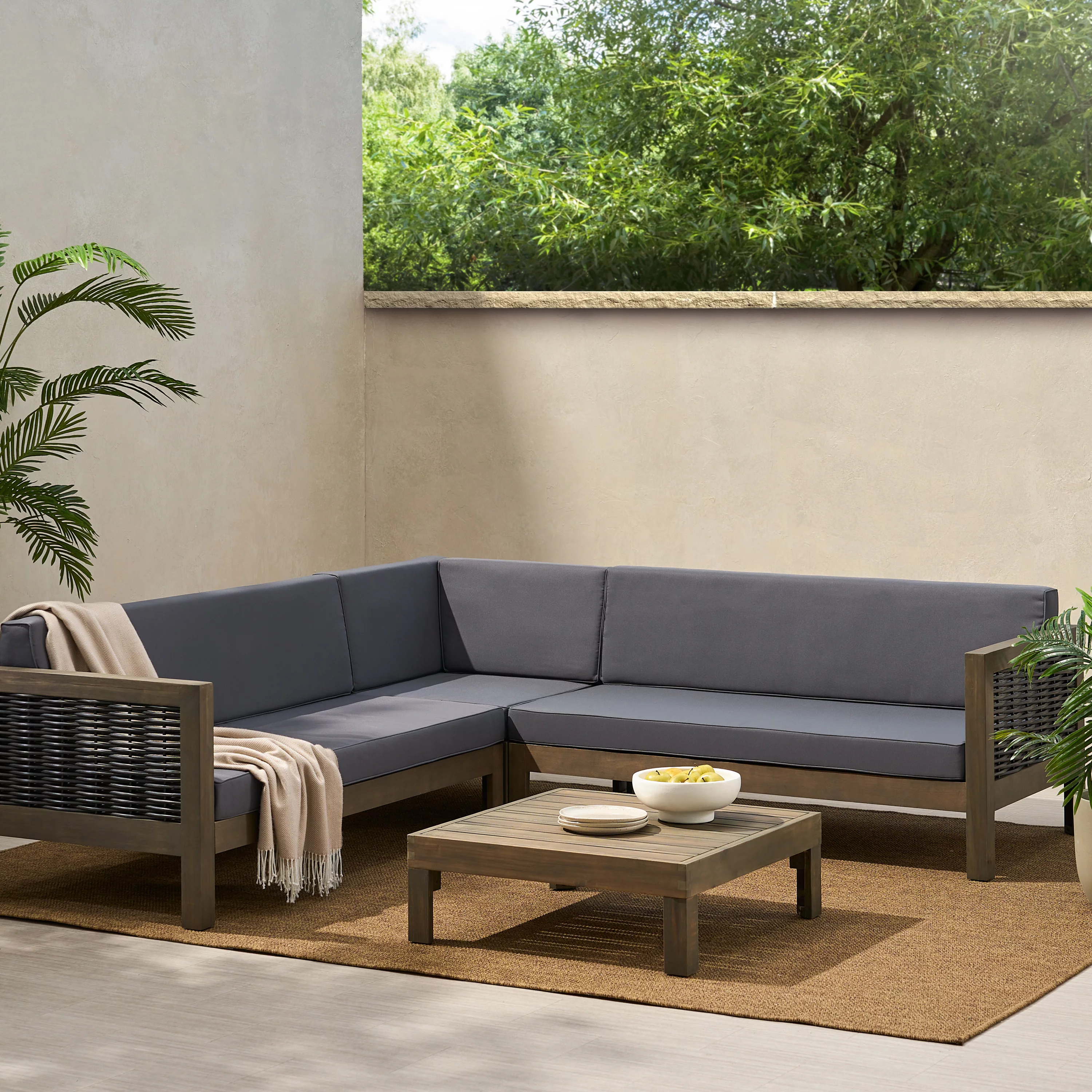 GDF Studio Allegra Outdoor Acacia Wood and Round Wicker 5 Seater Sectional Sofa Chat Set with Cushions,Gray