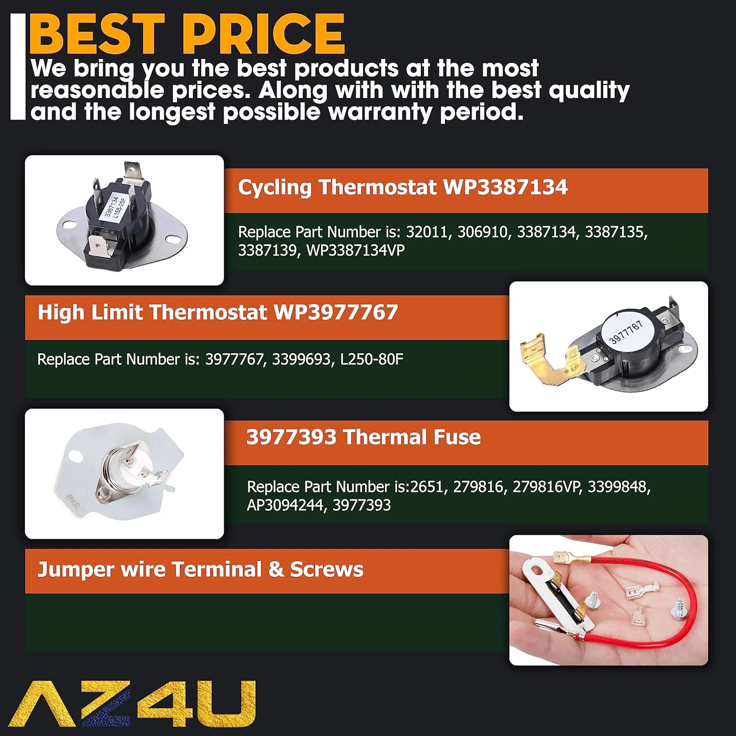 279838 Dryer Heating Element Replace 14210029 4531017 4617547 279837 With 3392519 Thermal Fuse 279816 Thermal Cut-Off Kit 3977767 3387134 Thermostat For Whirlpool, Kenmore, Roper, Amana, Kenmore