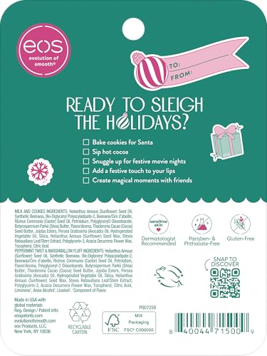 eos Holiday 24H Moisture Mini Super Balm Set, Sugar Plum Spritz, Candy Cane Swirl, Iced Sugar Cookie, Limited Edition Lip Care, Stocking Stuffers, 0.24 fl oz, 3-pack