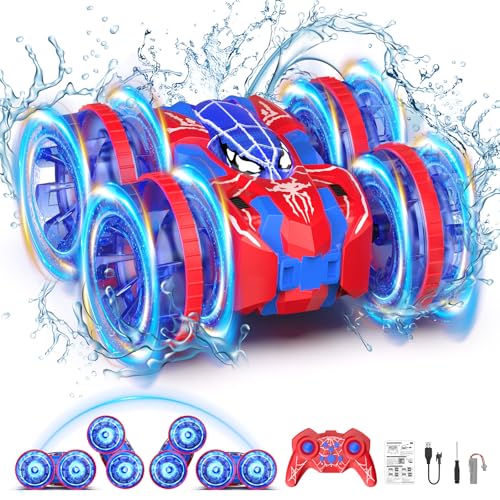 Waterproof Remote Control Car，4WD Amphibious 2.4 GHz RC Car Remote Control Boat，360°Rotation RC Stunt with LED Lights，Boys Girls Gifts All Terrain Water Beach Pool Toy