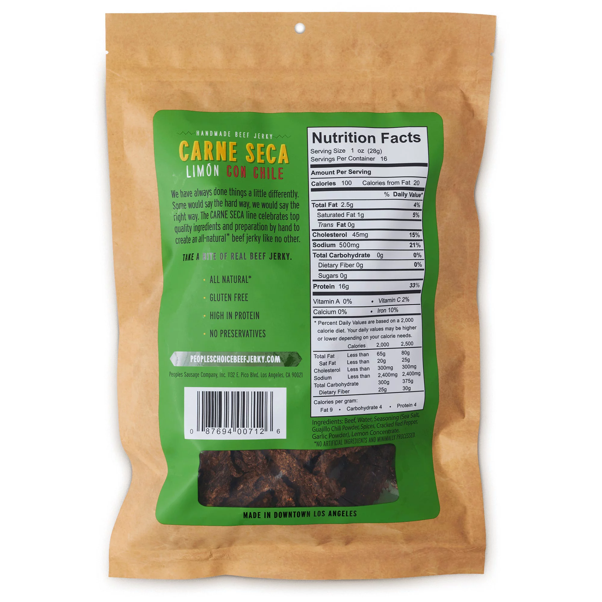 People's Choice Beef Jerky - Carne Seca - Limón Con Chile - Sugar Free - Dry Texture - 1 Pound, 16 oz - 1 Bag