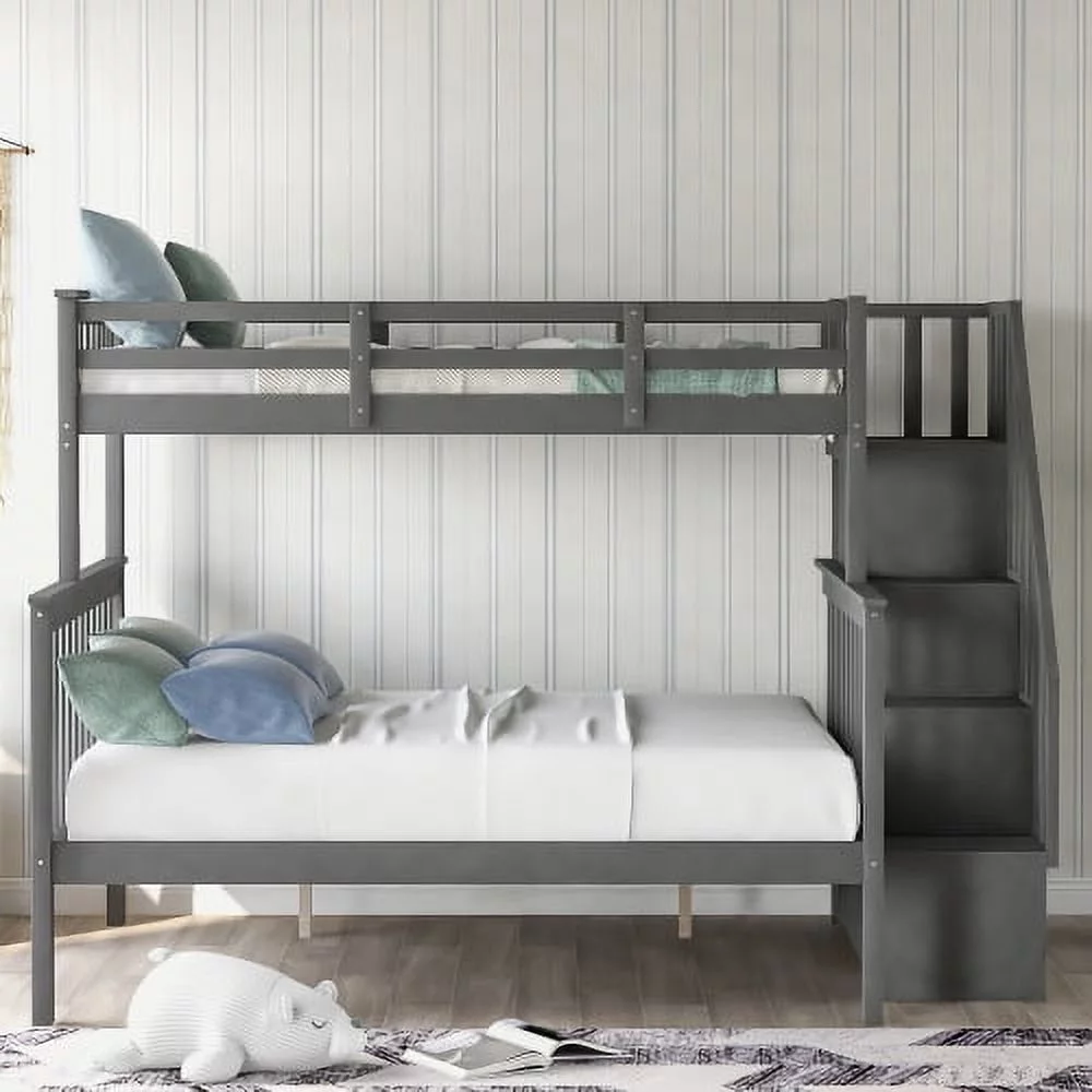 THINK 30,Twin-Over-Full Stairway Bunk Bed with Storage and Guard Rail, for Bedroom Dorm Kids Adults