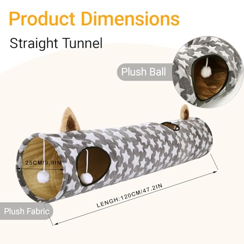 LUCKITTY Large Cat Tunnel Bed Under Christmas Tree with Fluffy Toy Balls, Small Cushion and Flexible Design- 10 inch Diameter, 3 ft Length- Great for Cats, and Small Dogs, Gray Star Pattern