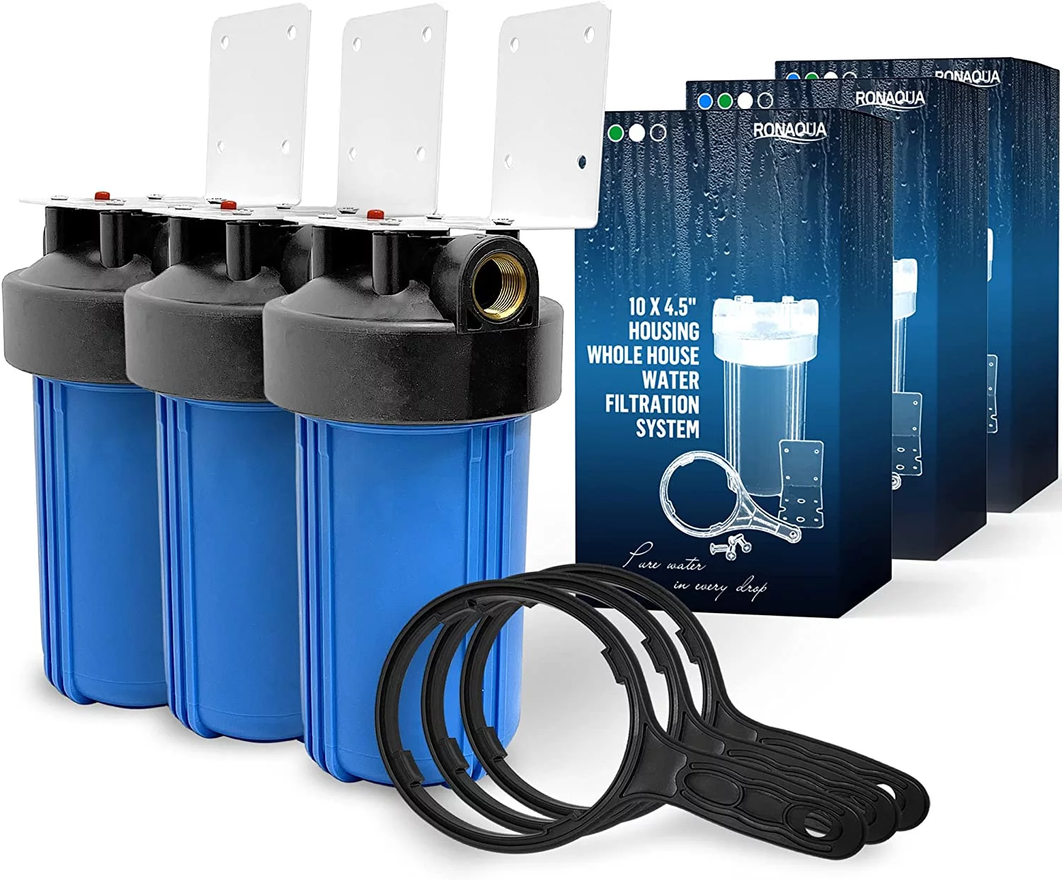 High Capacity 10 x 4.5 Whole House Filter Purifier System for Well or City Water, Presser Relief Button, 1 NPT Brass Port, Double O-ring, Meets NSF Standards & Regulations (Blue, 3 Sets)