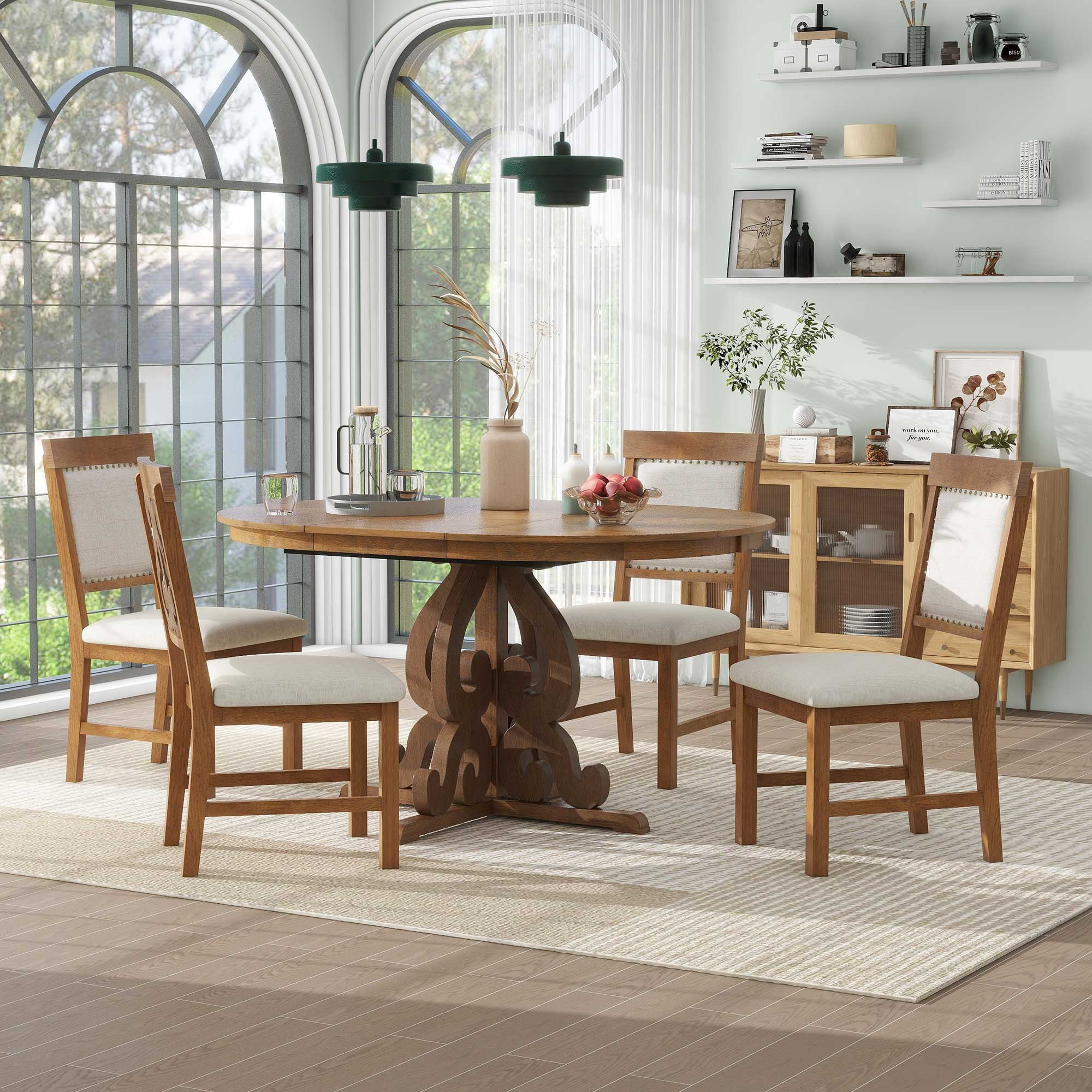 Dining Table Set for 4, Atumon Dining Room Set with Extendable Round Table and 4 Upholstered Dining Chairs, Farmhouse 5 Piece Dining Table and Chairs Set for Apartment Kitchen Dining Room, Walnut