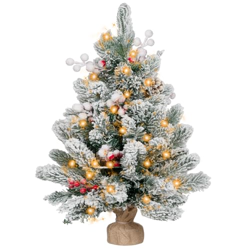2FT Small Christmas Tree,Flocked Artificial Mini Christmas Tree with Lights,Tabletop Xmas Tree with Ornaments,Christmas Decoration for Party by DNKMOR