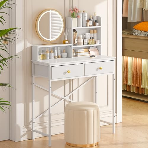 Makeup Vanity Desk No Mirror for Bedroom, Vanity Table Set with 2 Drawer and Open Storage Shelves, Small Vanity for Small Spaces, White Dressing Table, 31.5in(L)