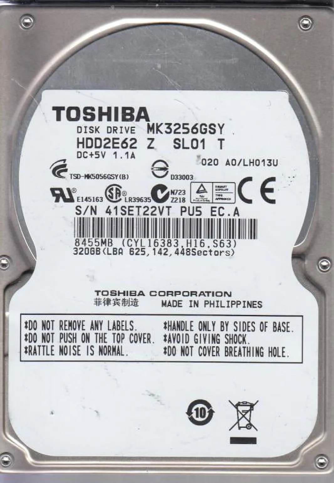 MK3256GSY, A0/LH013U, HDD2E62 Z SL01 T, Toshiba 320GB SATA 2.5 Hard Drive