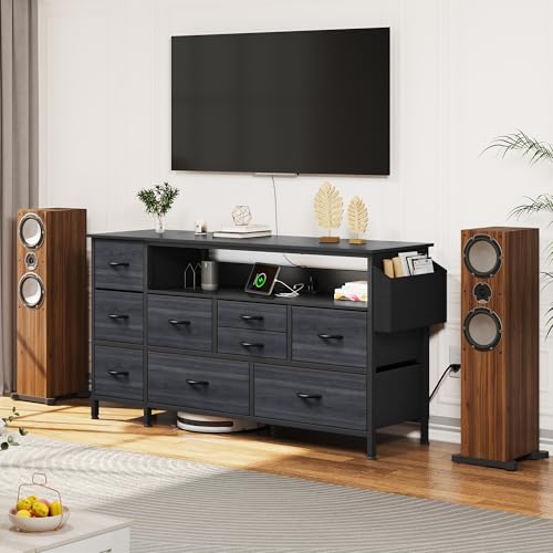 YITAHOME TV Stand with Charging Station - 9 Drawer Dresser for 55'' TV, Black Stand with Side Pockets, Fabric for Living Room, Entryway