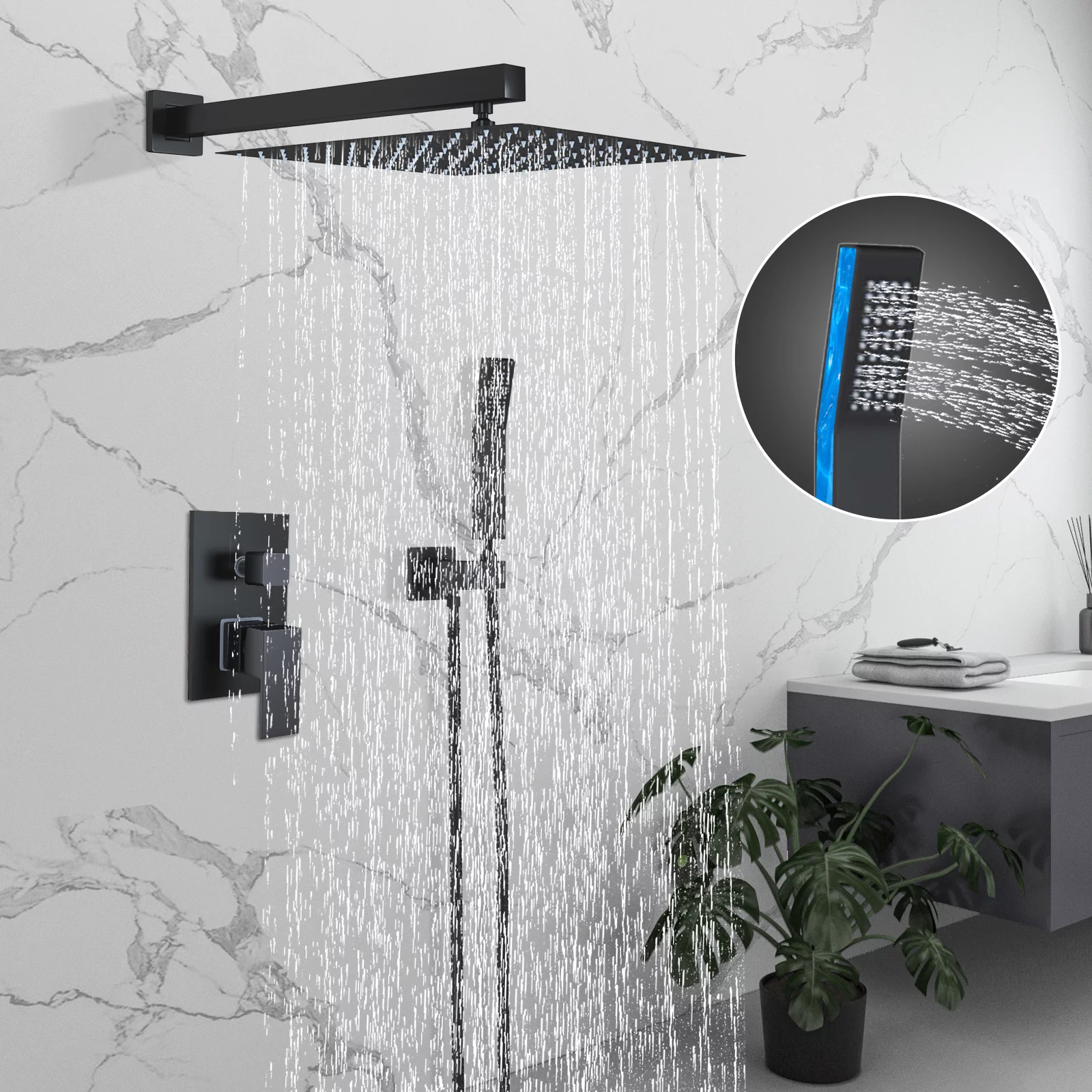 Zovajonia Matte Black Shower System 8 Inches Shower Faucet Set, Rain Shower Head with Handheld Spray Bathroom Wall Mount Shower Fixtures