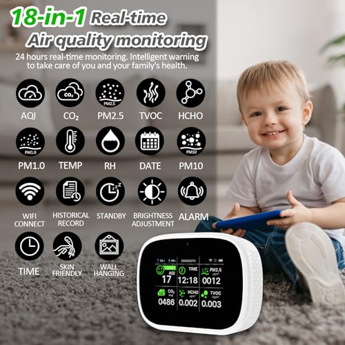18-in-1 Smart Air Quality Monitor - Indoor WiFi Air Quality Detector with Dual Chip, Real-Time for AQI, CO2, PM2.5, PM1.0, PM10, TVOC, HCHO, Time Display, Temperature & Humidity with Aler (White-B2)