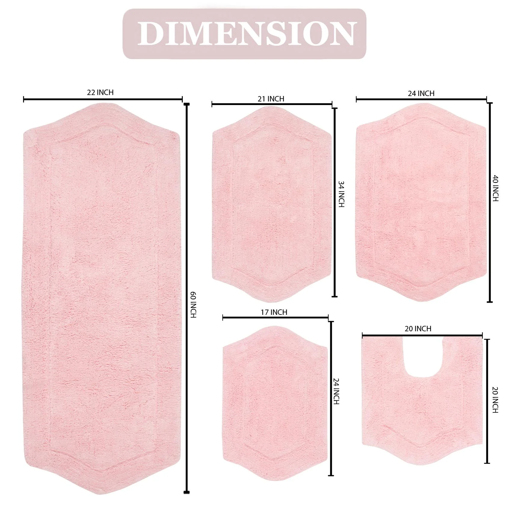 Home Weavers Inc Waterford Collection 100% Cotton Non-Slip Bathroom Rug Set, Machine Washable Bath Rug, 5 Piece Bath Mat Set with Contour Pink