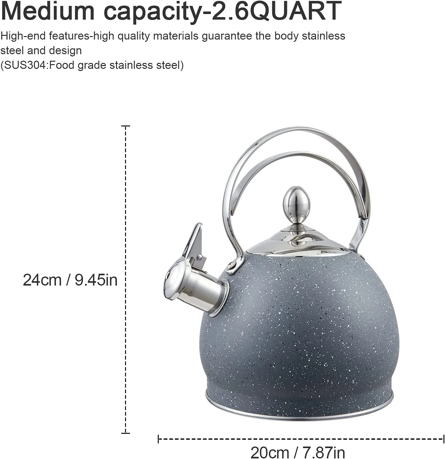 Creative Home 2.5 Qt. Stainless Steel Whistling Tea Kettle, Opaque Gray with Speckle