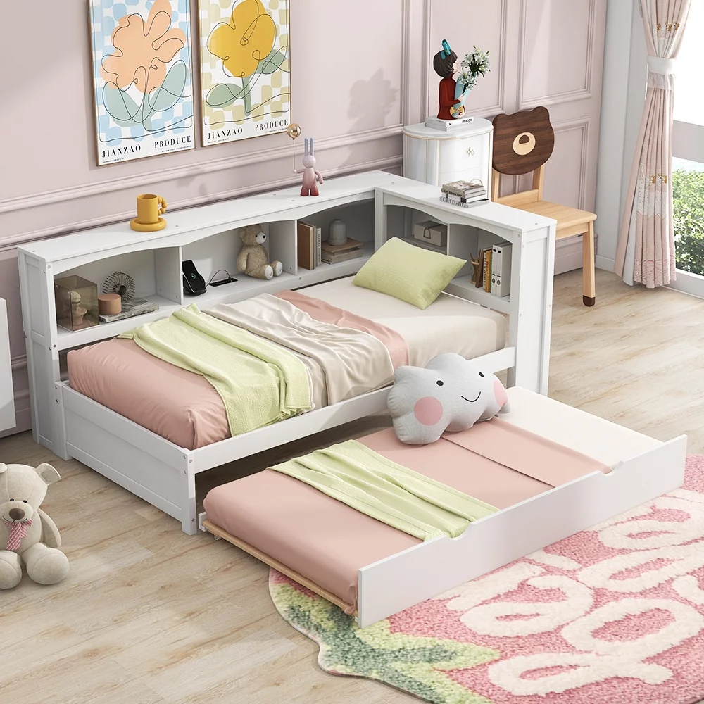Bellemave Modern Twin over Twin Size Wood Daybed with Trundle, Stronge Storage Cabinets and USB Ports,Low Floor Bed for Kids Teens Adult Bedroom,Easy Assembly(White)