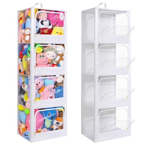 Transparent Stuffed Animal Storage ，Easy to find items Plushies Storage ，Toy Box 62% More Capacity，not collapse，Horizontal and Vertical Dual-Use，4-Tier Space-Saving Toy Bin for Kids Room Living Room