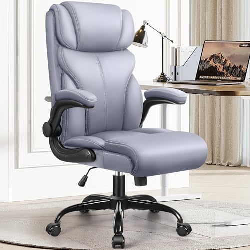 Office Chair, Ergonomic Big and Tall Computer Desk Chairs, Executive Breathable Leather Chair with Adjustable High Back Flip-up Armrests, Lumbar Support Swivel PC Chair with Rocking Function
