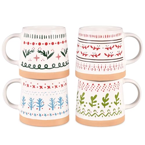 Maustic Christmas Mugs Set of 4, Holiday Coffee Mugs with Festive Christmas Themed Design, Hot Chocolate Hot Cocoa Cups, Family Gifts, 14 Oz