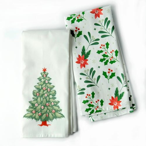 The Fine Living Co. 100% Cotton Merry Christmas Kitchen Towels, 18'x28' Set of 2 (Cherry Red & Green)