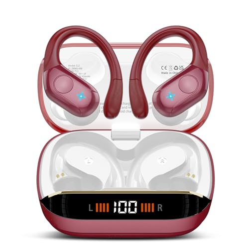 Wireless Earbuds Bluetooth 5.4 Headphones Sports, 75H Stereo Deep Bass Over Ear Buds with Earhooks, Bluetooth Earbuds with 4 ENC Mic, LED Display, IP7 Waterproof Earphone for Running, Red