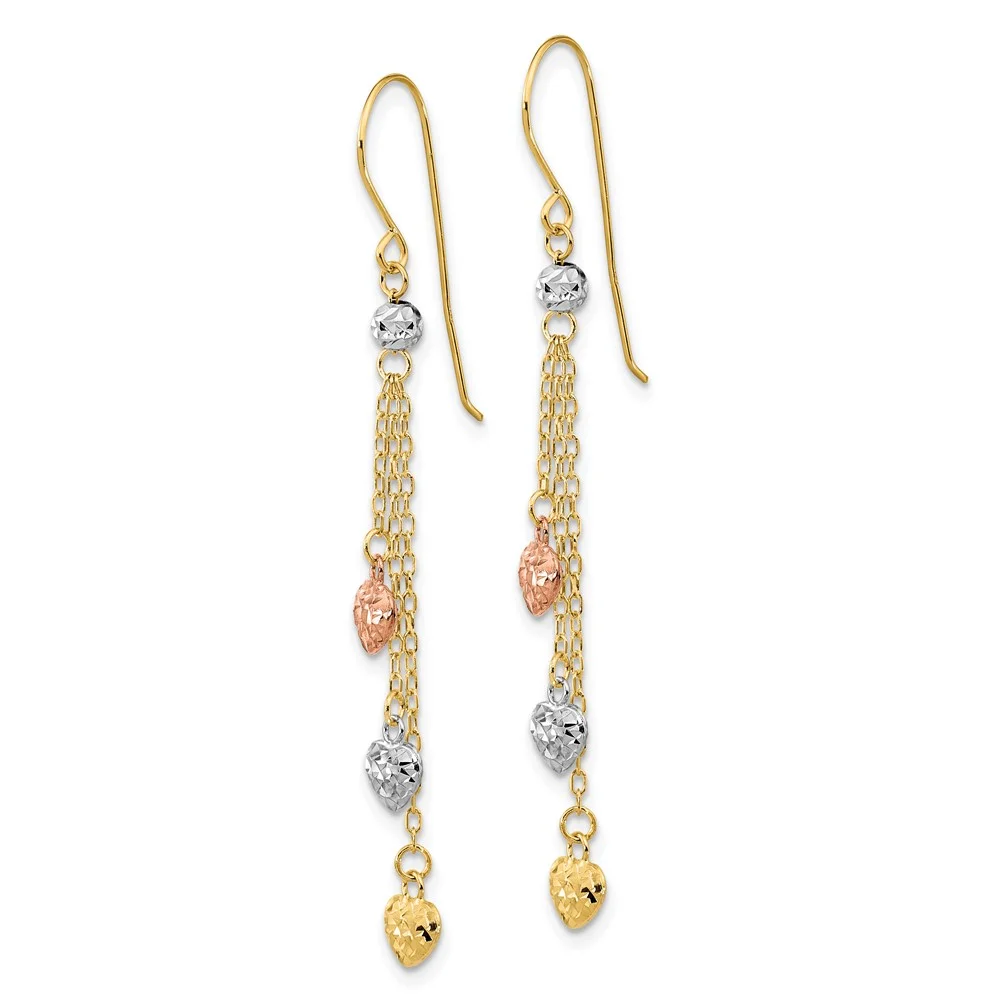 Primal Gold 14 Karat Tri-color Diamond-cut Triple Heart Dangle Shepherd Hook Earrings