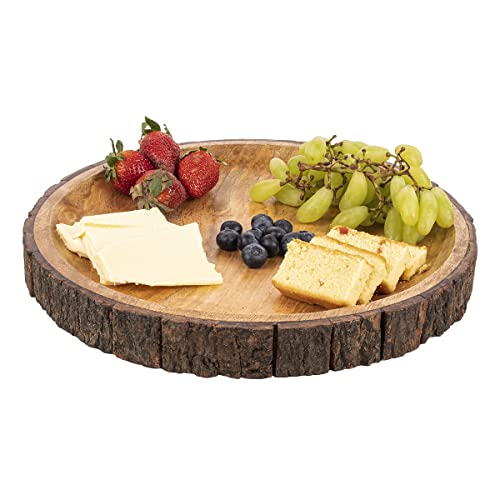 GoCraft Round Wooden Serving Platter with Tree Bark on Edges | Mango Wood Pizza Platter, Serve Board | Charcuterie Platter - 13