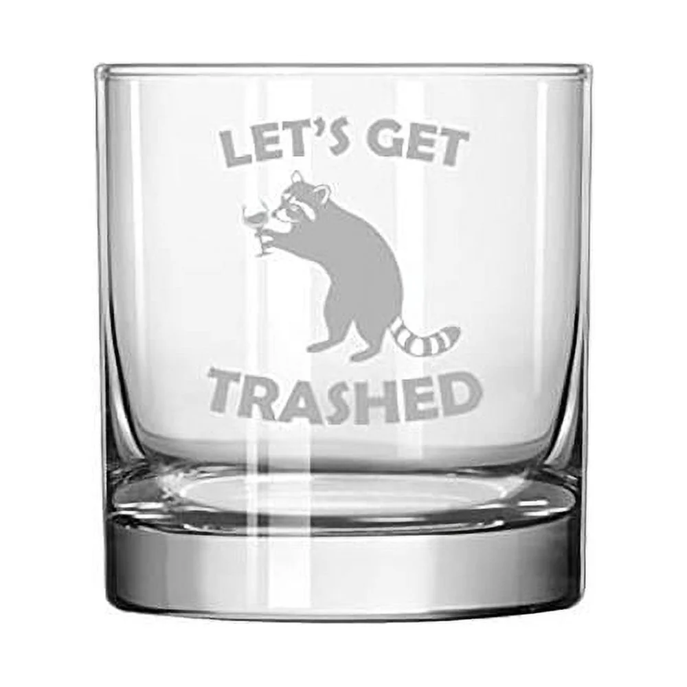 Rocks Whiskey Old Fashioned Glass Let's Get Trashed Raccoon Funny