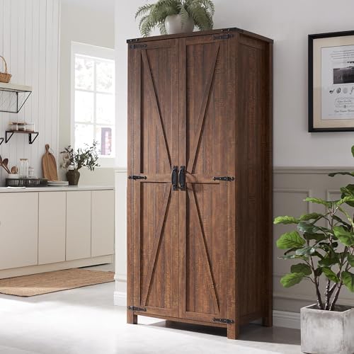 OKD Storage Cabinet, 32'' Farmhouse Armoire w/Adjustable Shelves, Rustic Pantry w/2 Barn Doors & Hanging Rod, Versatile Storage for Kitchen, Bathroom, Laundry, or Utility Room, Dark Rustic Oak