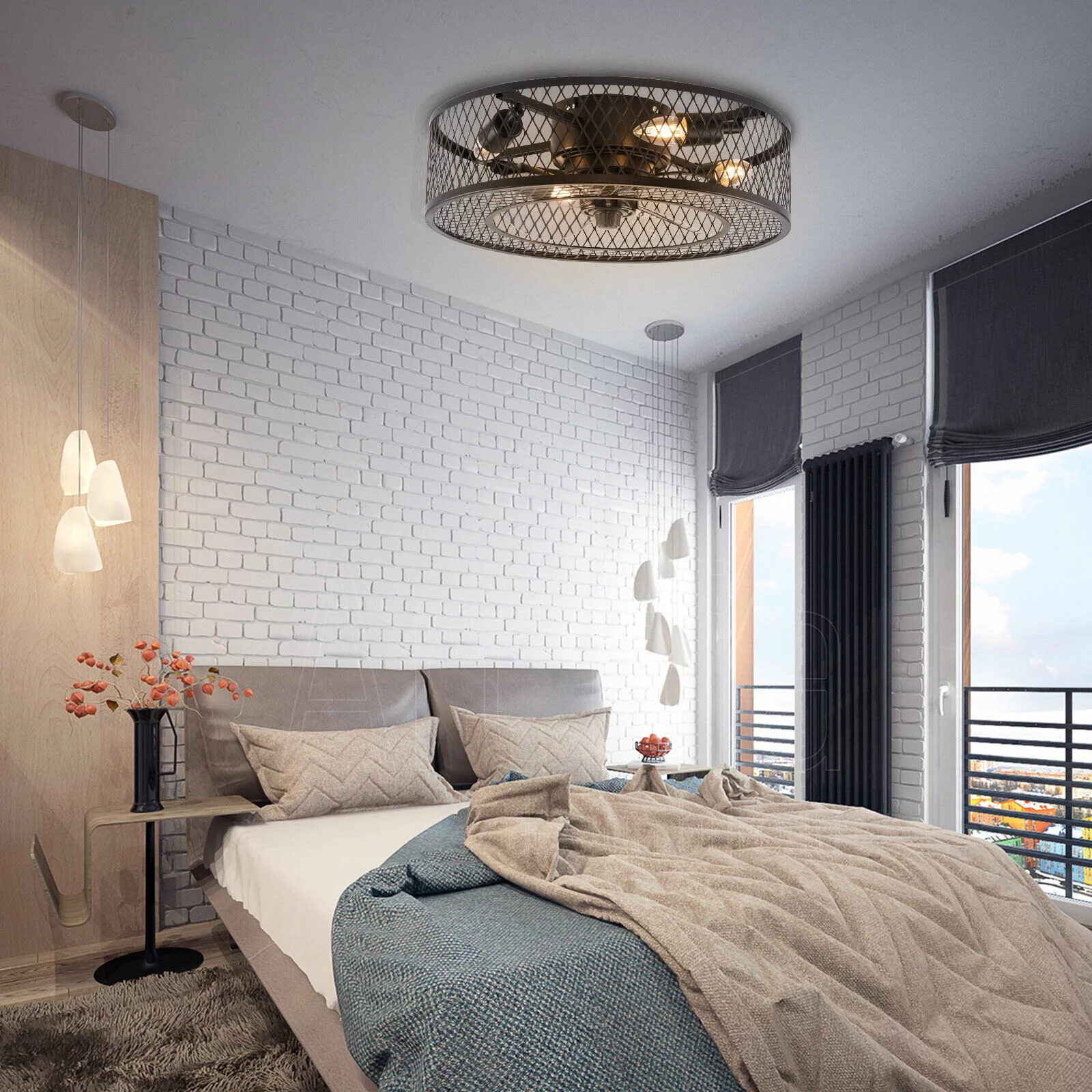 DENEST 18 Inch 110V Retro Metal Cage Ceiling Fan Light For Kitchen Island Bedroom Foyer