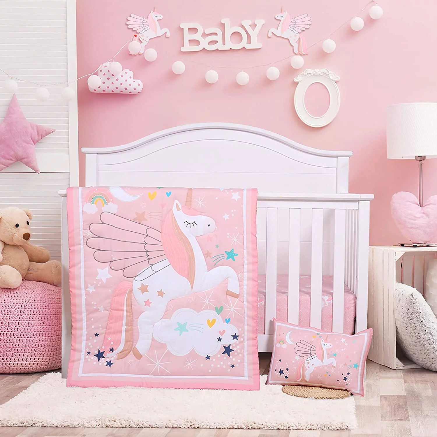JISEN 3-Piece Pink Unicorn Crib Bedding Set -Microfiber Quilt, Sheet, and Pillowcase for Baby Girls