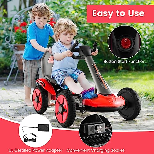 Costzon Electric Go Kart for Kids, 12V Battery Powered Ride on Toy with 2-Position Adjustable Seat & Steering Wheels, Flashing LED Lights, 2 MPH Max Speed, Folding Ride-on Kart for Boys & Girls (Red)